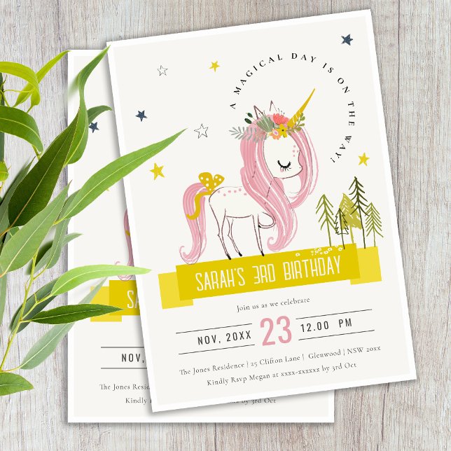 Invitation Cute Magique Unicorn rose Jaune Anniversaire de en (Créateur téléchargé)