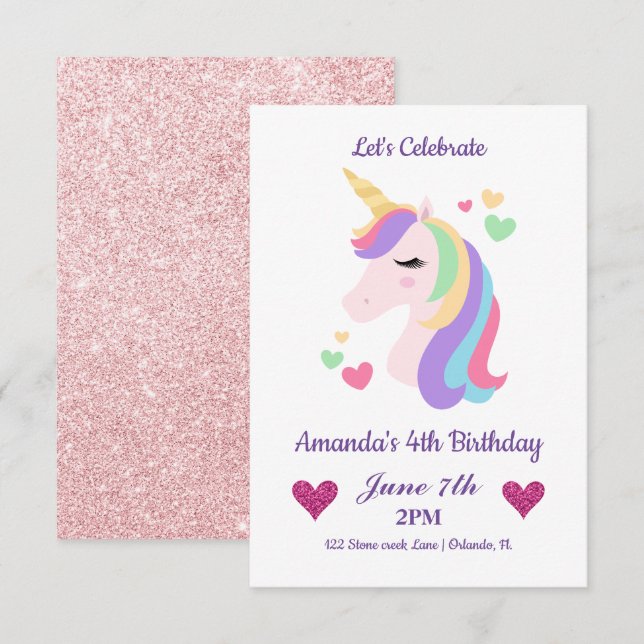 Invitation Cute Magique Unicorne & Coeurs Anniversaire (Devant / Derrière)