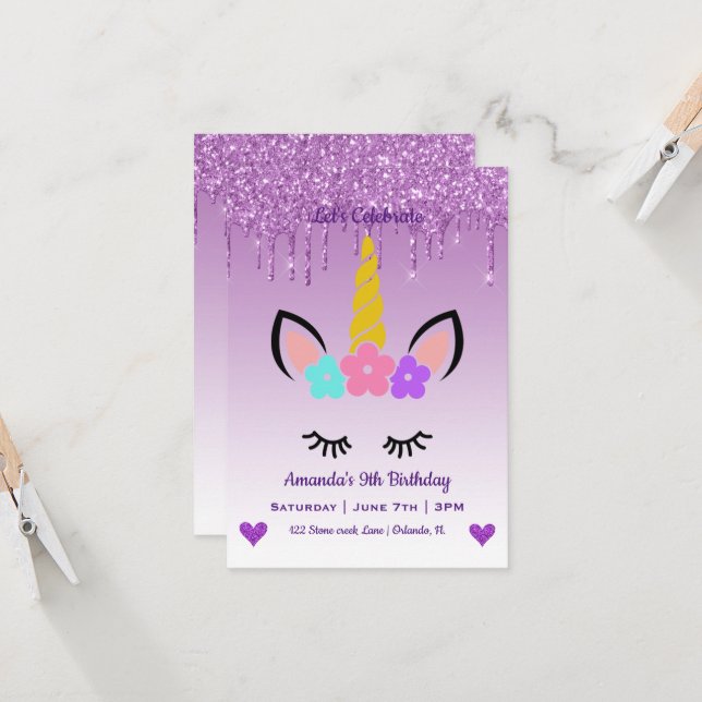 Invitation Cute Magique Unicorne & Coeurs Anniversaire (Devant/Arrière en situation)