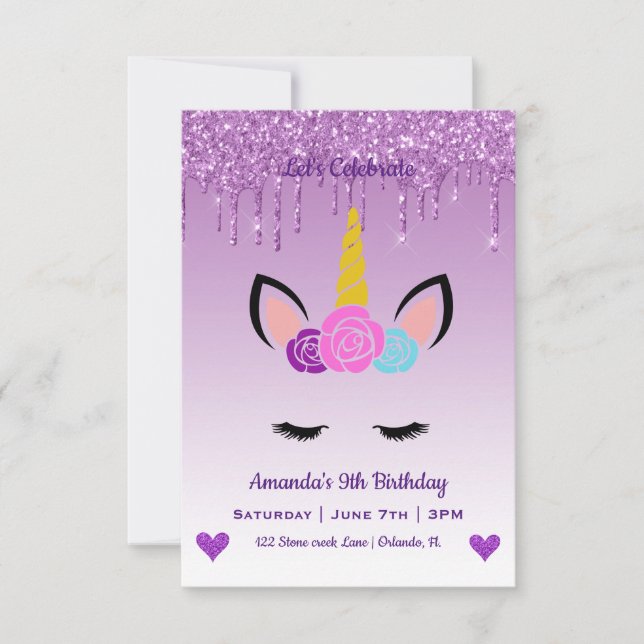 Invitation Cute Magique Unicorne & Coeurs Anniversaire (Devant)