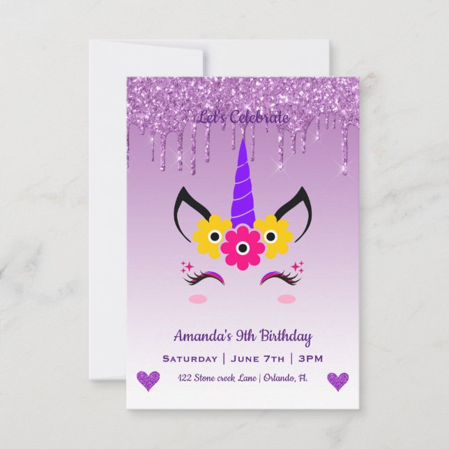Invitation Cute Magique Unicorne & Coeurs Anniversaire (Devant)
