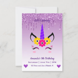 Invitation Cute Magique Unicorne & Coeurs Anniversaire