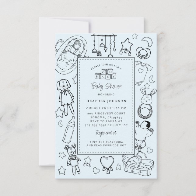 Invitation Cute Main Tirée Baby shower Bleu Garçon (Devant)
