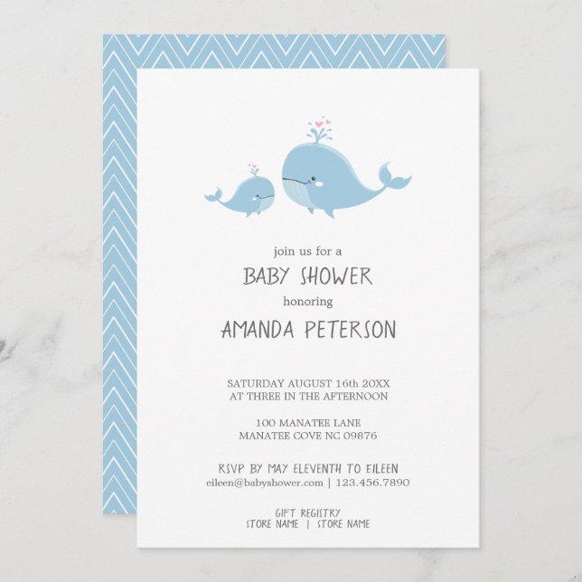 Invitation Cute Mama & Baby Whales Baby shower bleu Chevron (Devant / Derrière)