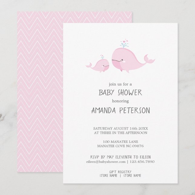 Invitation Cute Mama & Baby Whales Baby shower Chevron rose (Devant / Derrière)