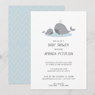 Invitation Cute Mama & Baby Whales Blue Chevron Baby shower