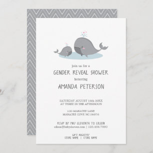 Invitation Cute Mama & Baby Whales Blue Chevron Révélation de