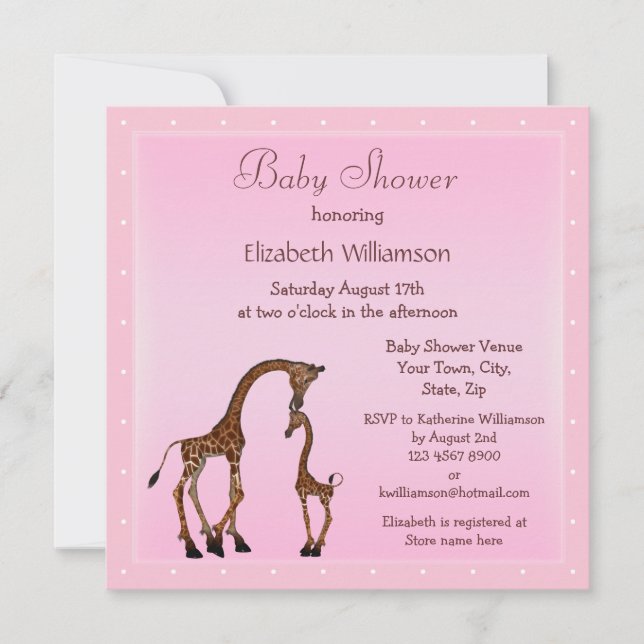 Invitation Cute maman et bébé Baby shower rose Giraffe (Devant)