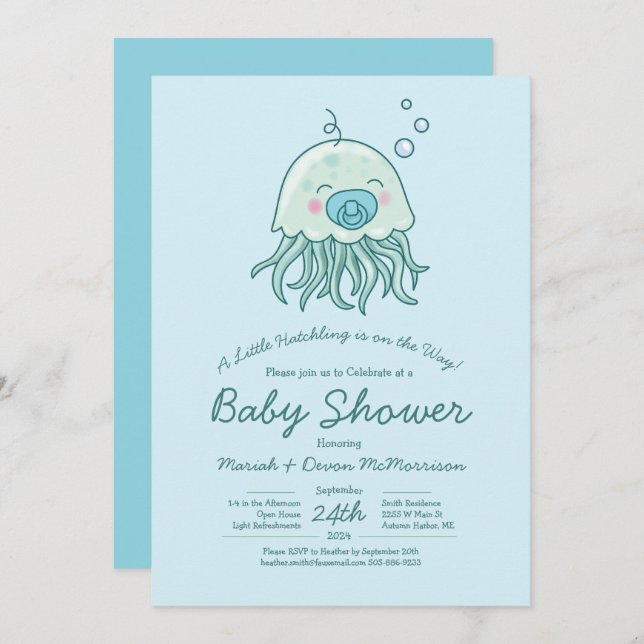 Invitation Cute méduse Baby shower Kawaii Blue Boy (Devant / Derrière)