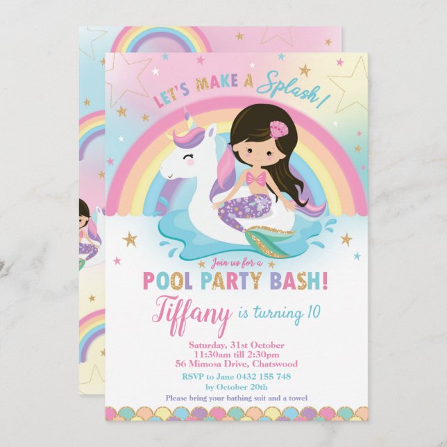 Invitation Cute Mermaid et Unicorn Floatie Pool Anniversaire  (Devant / Derrière)