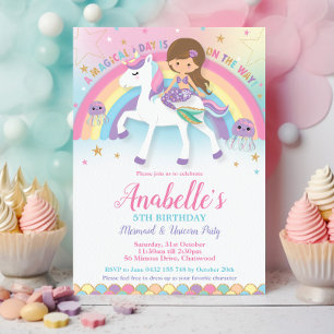 Invitation Cute Mermaid et Unicorn Rainbow Birthday