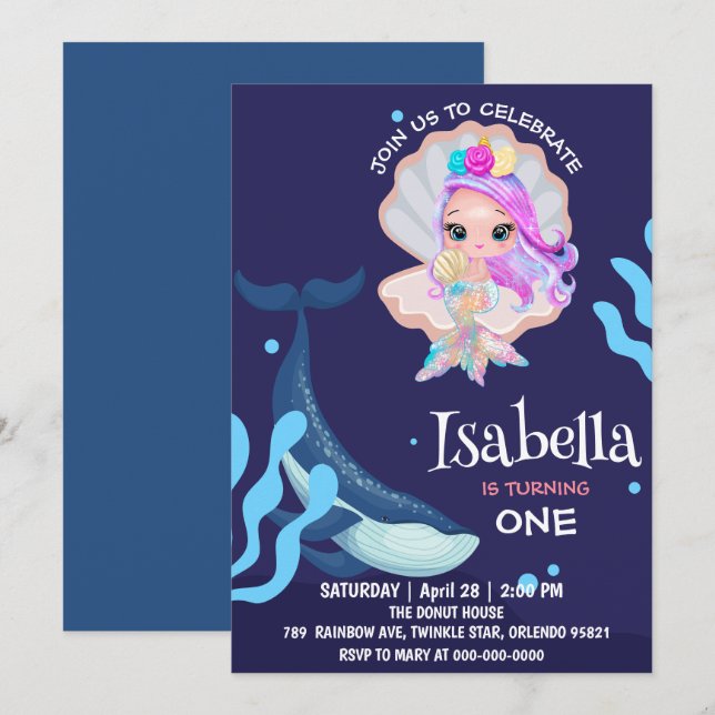 Invitation Cute Mermaid perle Rainbow Baleine fête d'annivers (Devant / Derrière)