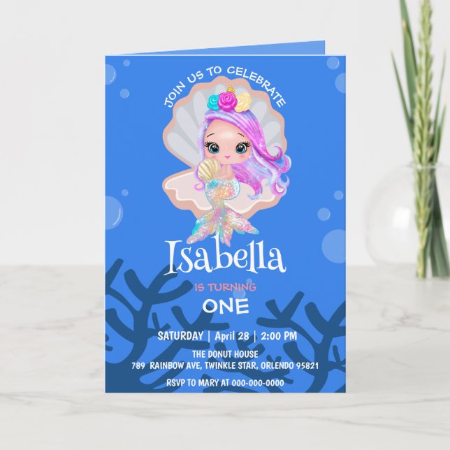 Invitation Cute Mermaid perle Rainbow Baleine fête d'annivers (Devant)