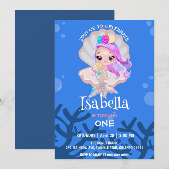 Invitation Cute Mermaid perle Rainbow Baleine fête d'annivers (Devant / Derrière)