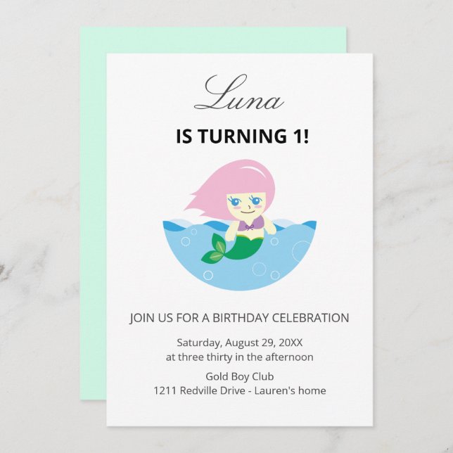 Invitation Cute Mermaid Queen Under the sea 1st Birthday  (Devant / Derrière)