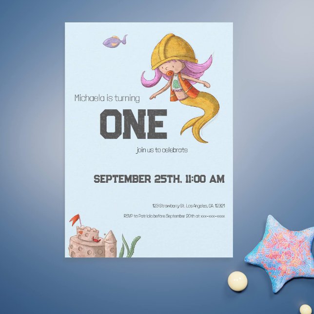 Invitation Cute Mermaid Travailleur de construction Premier a (Cute construction worker mermaid first birthday party invitation)