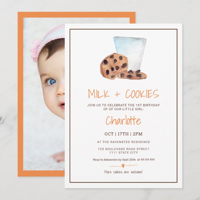 Invitation Cute Milk Cookies aquarelle photo Premier annivers (Devant / Derrière)