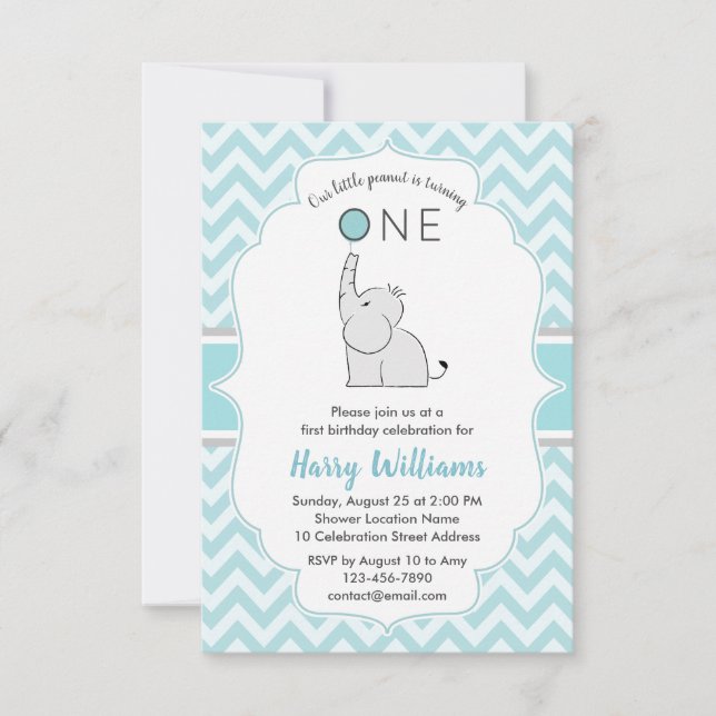Invitation Cute Modern Blue White Elephant 1er anniversaire f (Devant)