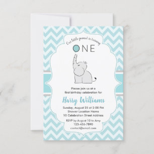 Invitation Cute Modern Blue White Elephant 1er anniversaire f