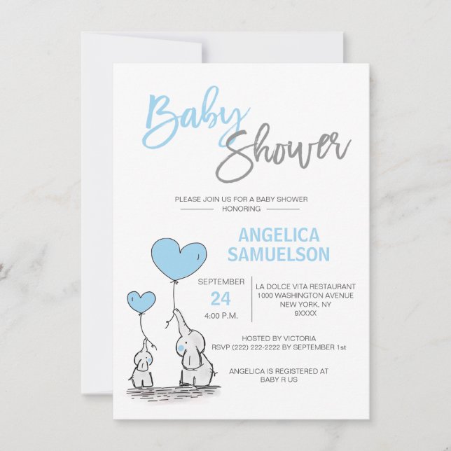 Invitation Cute Modern GARY Blue maman Elephant & Baby shower (Devant)
