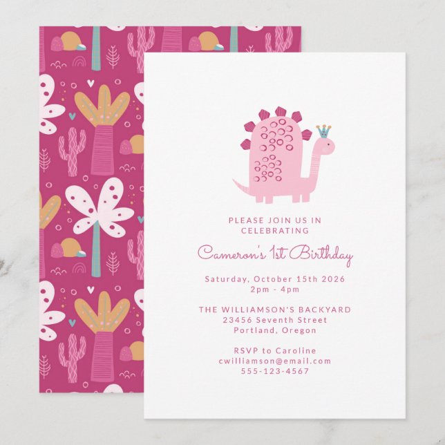 Invitation Cute Modern Pink Dinosaur 1er anniversaire (Devant / Derrière)