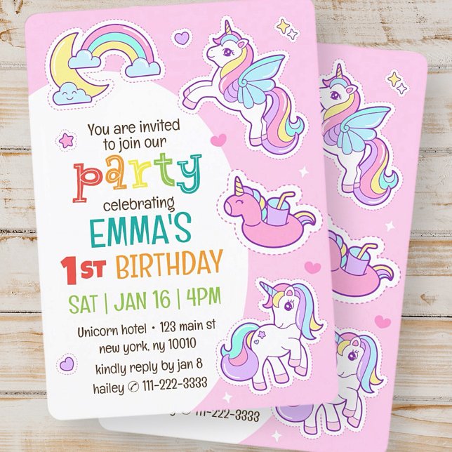 Invitation Cute Modern Rainbow Unicorns fête d'anniversaire p (Créateur téléchargé)