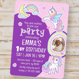 Invitation Cute Modern Rainbow Unicorns Photo d'anniversaire