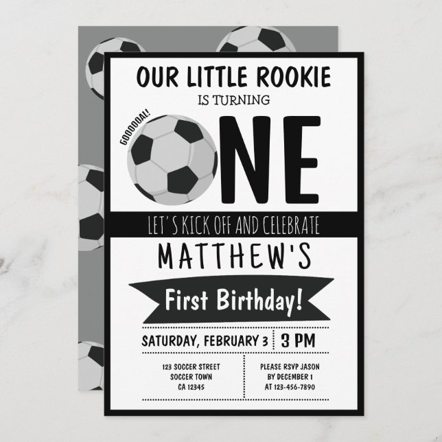 Invitation Cute Modern Soccer Ball Ribbon Enfants 1er anniver (Devant / Derrière)