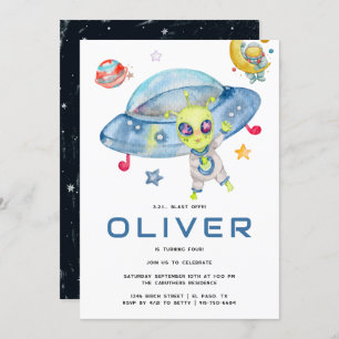 Invitation Cute Modern Space Alien UFO fête d'anniversaire