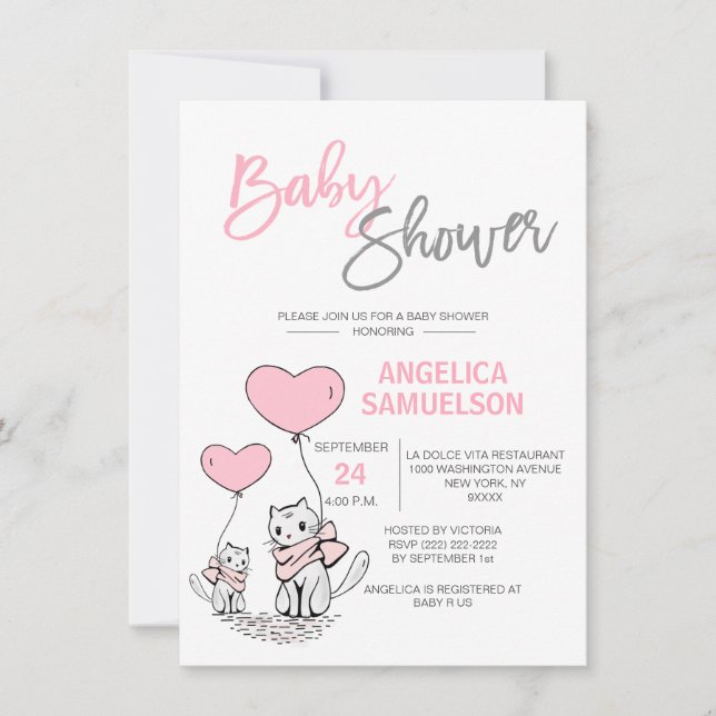 Invitation Cute Moderne Chat Rose Kitten Girls Baby shower (Devant)
