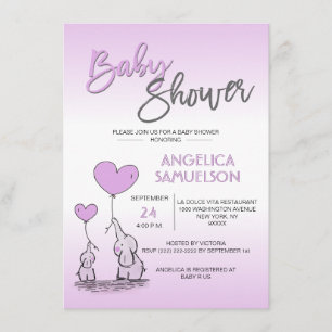 Invitation Cute Moderne LAVENDER Maman Elephant & Baby shower