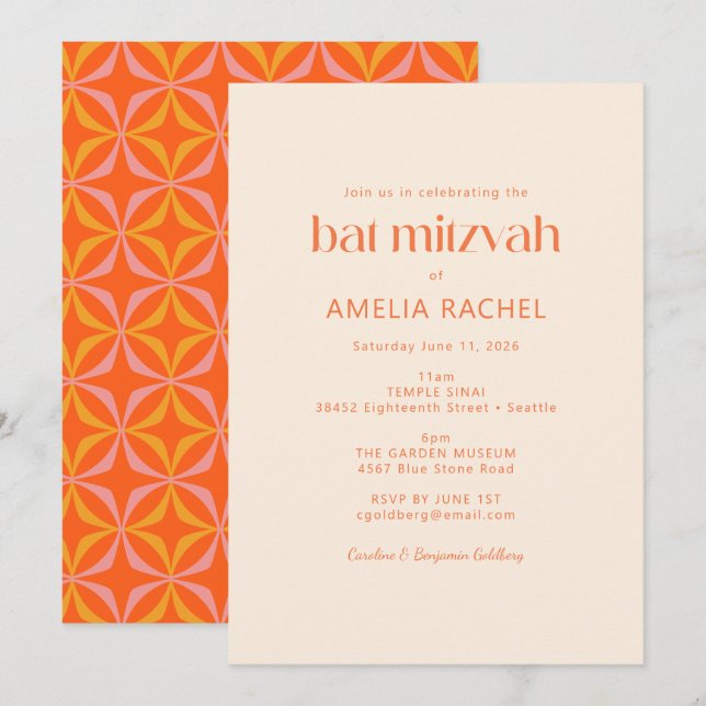 Invitation Cute Moderne Orange Retro Typographie Bat mitzvah (Devant / Derrière)