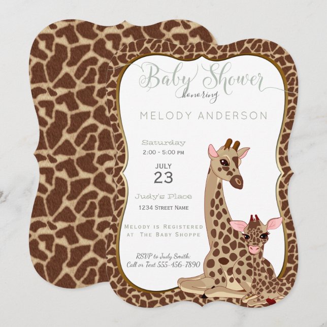 Invitation Cute Mom & Baby Giraffe Baby shower à thème animal (Devant / Derrière)