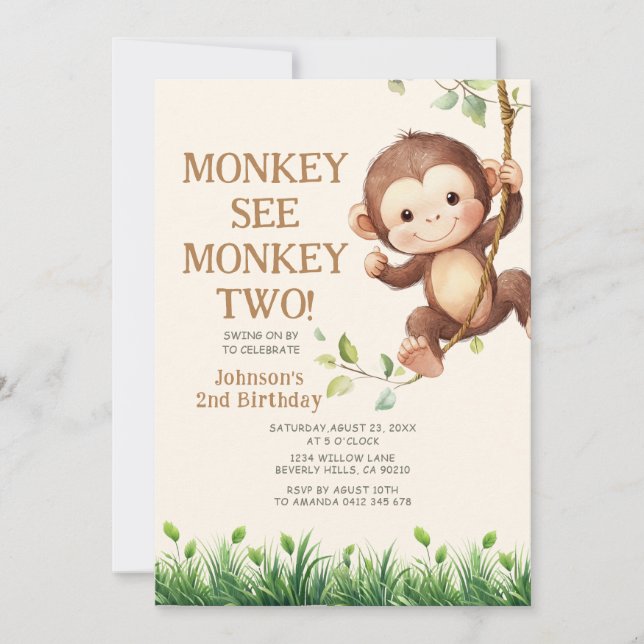 Invitation Cute Monkey See Monkey Two Safari 2nd Birthday (Devant)