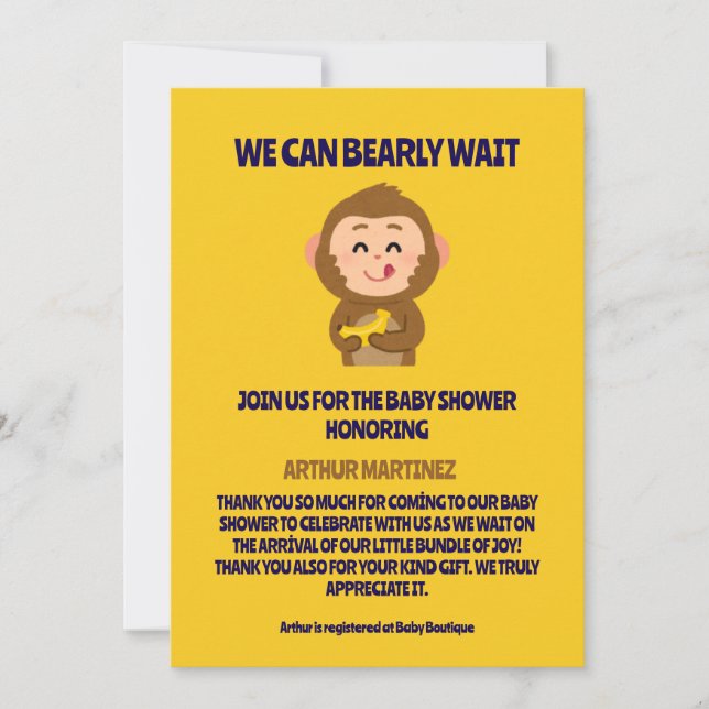 Invitation Cute Monkey thème Baby shower garçon (Devant)