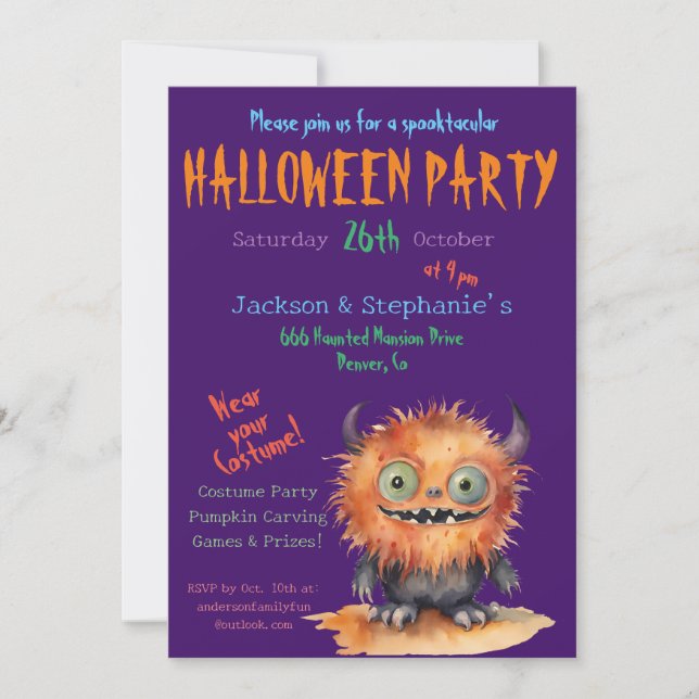 Invitation Cute Monster Bash Halloween Costume Party (Devant)