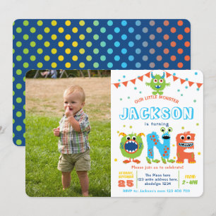 Invitation Cute Monster Boy 1ère photo d'anniversaire