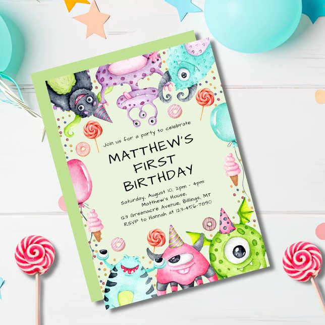 Invitation Cute Monsters Fête du 1er anniversaire de l'enfant (Créateur téléchargé)