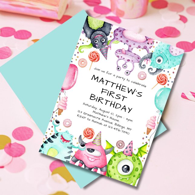 Invitation Cute Monsters Fête du 1er anniversaire de l'enfant (Créateur téléchargé)