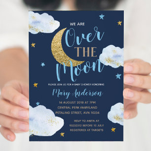Invitation Cute Moon Marine Baby shower bleu et or
