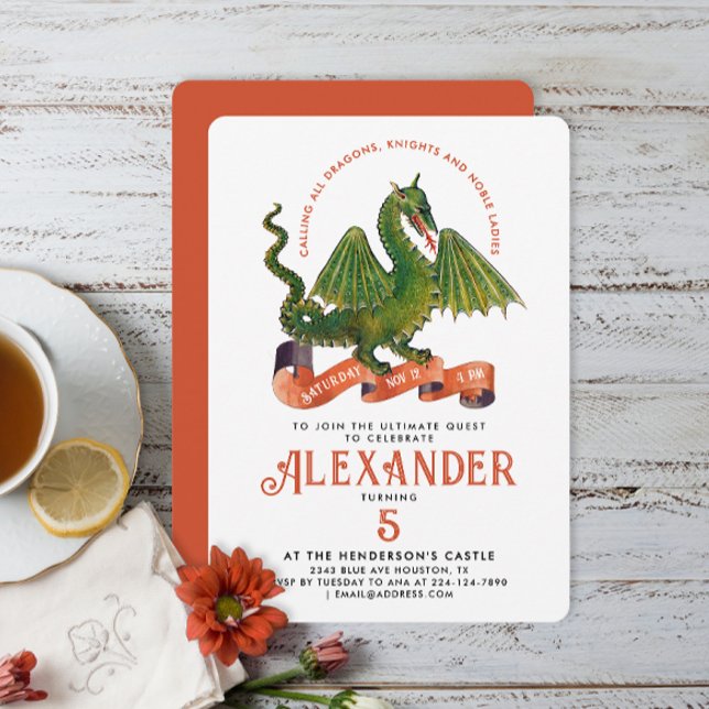 Invitation Cute Moyen Age Orange Green Dragon Enfants Anniver (Créateur téléchargé)