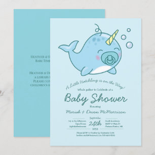 Invitation Cute Narwhal Baby shower Kawaii Blue Boy
