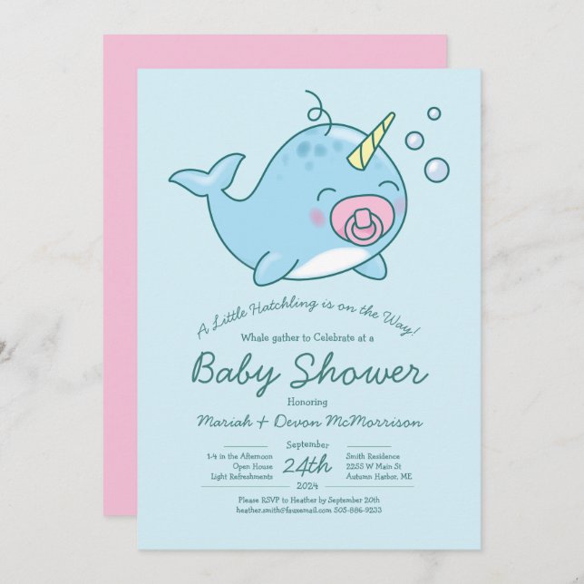 Invitation Cute Narwhal Baby shower Kawaii Rose Girl (Devant / Derrière)