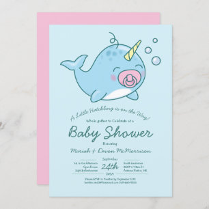 Invitation Cute Narwhal Baby shower Kawaii Rose Girl