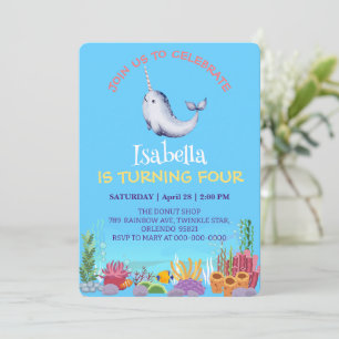Invitation Cute Narwhal Fish Unicorn Baleine mer Anniversaire
