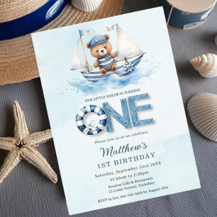 Invitation Cute Nautical Blue Boat Teddy Bear 1er anniversair