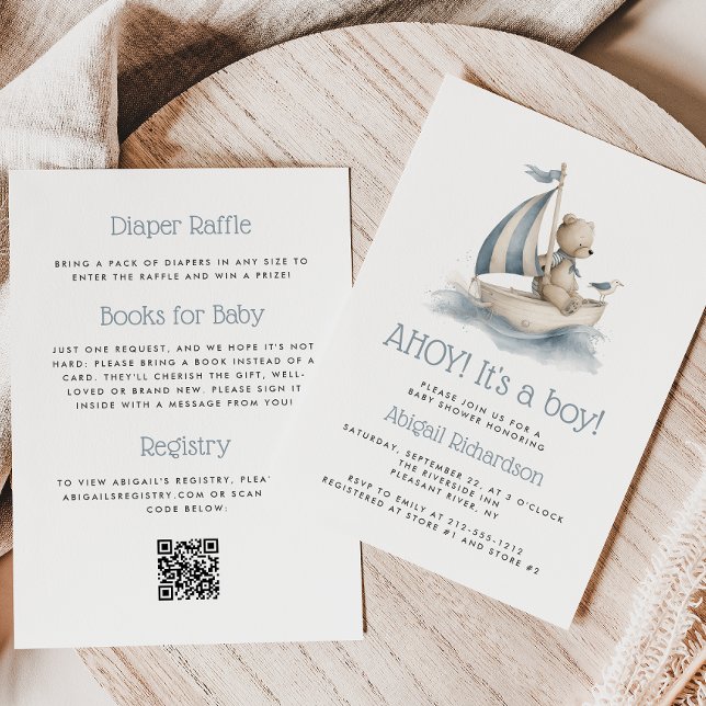 Invitation Cute Nautical Teddy Bear QR Code Boy Baby Shower (Créateur téléchargé)