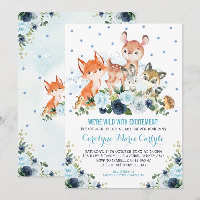 Invitation Cute Navy Baby shower d'animaux de la forêt de boi (Devant / Derrière)