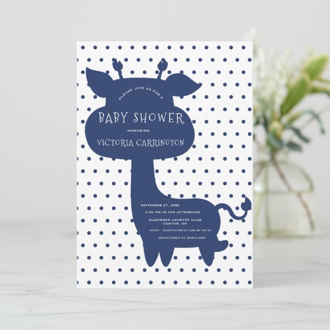 Invitation Cute Navy Blue Giraffe Polkadot Baby shower (Debout devant)
