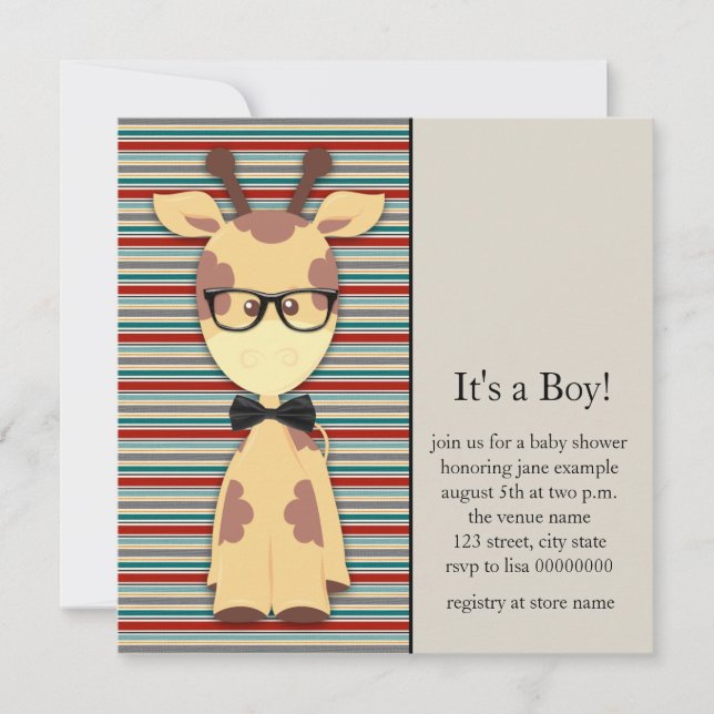 Invitation Cute Nerdy Geek Giraffe Baby Boy Douche (Devant)